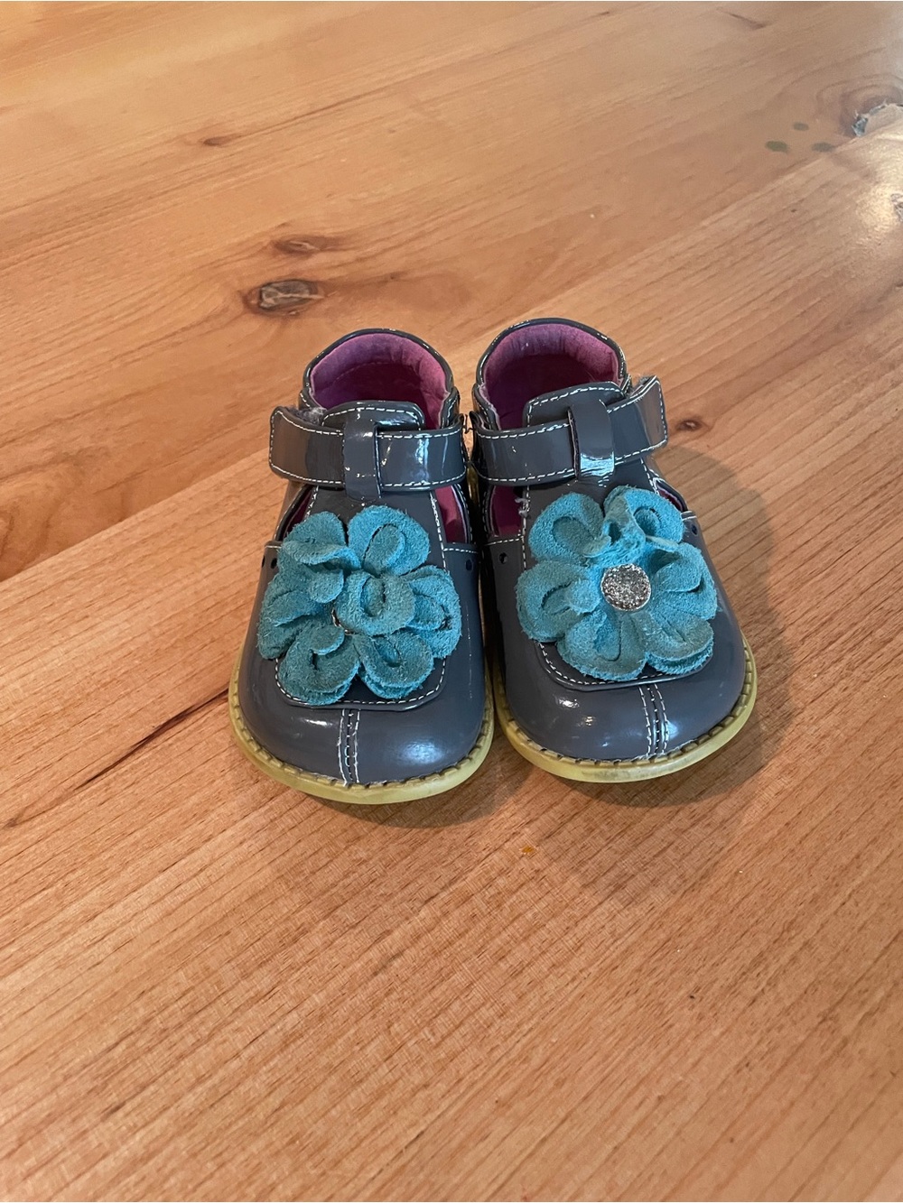 Livie & Luca Gray Mary Janes with Teal Flower